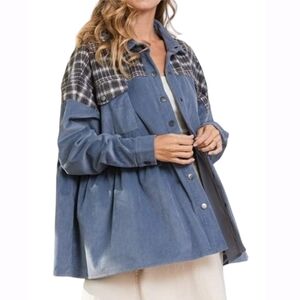 Ces Femme Blue Plaid Contrast Ribbed Oversized Jacket Shacket Baggy Top Shirt